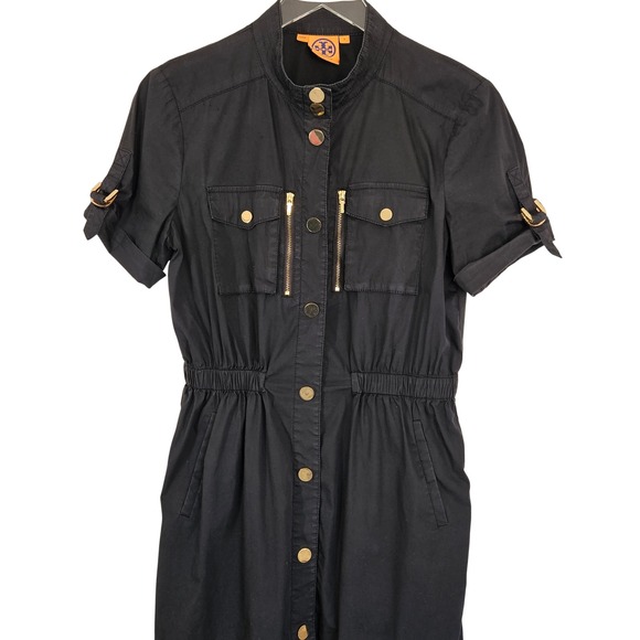 Tory Burch Black Utility Shirt Dress Gold Logo Hardware Cotton Blend Size 8 - Picture 12 of 12